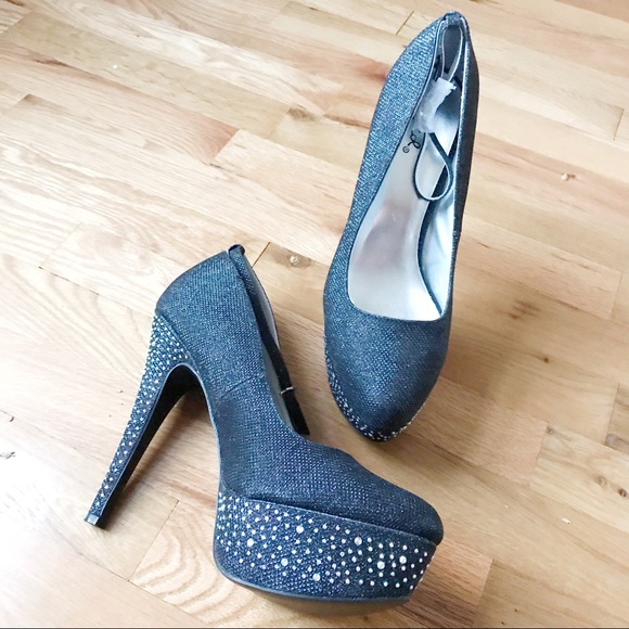 New Black Platform Sparkly Heels with Rhinestones - Picture 2 of 6